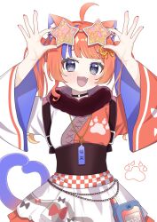  1girl :3 ahoge animal_ear_fluff animal_ear_piercing animal_ears apron asymmetrical_sleeves black_choker blue_eyes blue_hair blue_nails blush braid cat_ears cat_girl cat_tail cellphone chain checkered_clothes choker cowboy_shot eyewear_on_head frilled_skirt frills fur_collar gradient_hair gradient_tail hair_ornament hands_on_eyewear highres japanese_clothes kimono kimono_skirt layered_skirt long_hair long_sleeves looking_at_viewer mismatched_sleeves multicolored_hair multicolored_kimono multicolored_nails multiple_tails mz_3kaku_3 nail_polish nekomata nekoyashiki_miku nijisanji obi open_mouth orange-tinted_eyewear orange_hair paw_print paw_print_background phone red_hair red_kimono red_nails rope sash shimenawa simple_background skirt smile solo standing star-shaped_eyewear star_(symbol) streaked_hair sunglasses tail tinted_eyewear twintails twintails_with_braided_base two_tails virtual_youtuber waist_apron white_apron white_background white_kimono wide_sleeves 