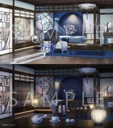 akechi_mitsuki architecture armchair azuma_hatori bed bedroom blanket blue_flower blue_ribbon book branch cabinet candle chair coffee_table copyright_notice cup cushion day east_asian_architecture egasumi flower flower_knot food hanging_light indoors lamp lantern magazine_(object) microphone mirror night no_humans official_art paper_lantern plate pop_filter purple_flower ribbon sample_watermark saucer scenery shouji side_handle_teapot sliding_doors stained_glass stool studio_microphone sunlight table tassel teapot themed_object unifee vanity_table variations vase wagashi watermark white_flower wooden_ceiling wooden_chair wooden_floor wooden_table 
