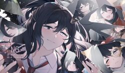  1boy ^_^ aqua_eyes black_eyes black_hair closed_eyes closed_mouth collared_shirt dieci_association_south_uniform dosukoiponiponi glass_shards heterochromia highres hong_lu_(project_moon) k_corp._(identity)_(project_moon) kurokumo_clan_(identity)_(project_moon) limbus_company liu_association_south_uniform multiple_views necktie one_eye_closed open_mouth pink_petals project_moon red_necktie shirt sidelocks smile tingtang_gang_(identity)_(project_moon) w_corp._(identity)_(project_moon) white_shirt yurodiviye_(identity)_(project_moon) 