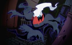  1other alley black_skin blue_sclera bright_pupils colored_sclera colored_skin darkrai floating floating_hair full_body isutai long_hair looking_at_viewer outdoors pokemon pokemon_(creature) pokemon_focus smoke solo white_hair white_pupils 