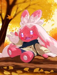  autumn_leaves black_scarf clothed_pokemon colored_skin full_body leaf looking_at_viewer no_humans open_mouth pink_skin pocklekorpokkur pokemon pokemon_(creature) scarf sitting solo sweater tinkaton tree violet_eyes white_sweater 