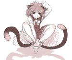  animal_ears barefoot catgirl chen hat kuro_suto_sukii monochrome multiple_tails short_hair sketch tail touhou 