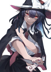  1girl absurdres alternate_eye_color amulet black_cape black_hair black_hat black_skirt bow cape collar fighting_stance grin hair_bow hat hat_bow highres holding muraryo necktie red_eyes shirt simple_background skirt sleeve_cuffs smile sweat touhou usami_renko white_background white_bow white_collar white_shirt 