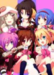  6girls black_hair blonde_hair blue_eyes blue_hair blush breasts brown_eyes brown_hair cape cat cleavage closed_eyes fang grey_hair hair_ornament hairclip hat headband holding_hands kamikita_komari kotsu kurugaya_yuiko large_breasts little_busters!! long_hair multiple_girls natsume_rin newspaper nishizono_mio noumi_kudryavka open_mouth ponytail purple_eyes purple_hair red_eyes saigusa_haruka school_uniform short_hair smile twintails wink 