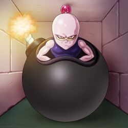  blue_vest bodysuit bomb bomberman dragon_ball dragon_ball_z evil_smile explosive fire frieza furrowed_brow glowing highres imminent_explosion indoors lit_fuse looking_at_viewer mask muscular muscular_male parody pom_pom_(clothes) red_eyes sakkan sitting smile stone_wall style_parody toriyama_akira_(style) vest white_bodysuit white_bomberman 