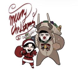  1boy 1girl animal_costume animal_hood antlers backpack bag bell belt black_hair bow box chibi chibi_only crying dress facing_viewer full_body gift_bag gloves hand_up hat height_difference holding holding_box hood horns lee_hyunsung lee_jihye merry_christmas nose official_art omniscient_reader's_viewpoint pom_pom_hat_ornament red_dress red_gloves reindeer_costume santa_costume santa_hat short_hair spread_legs standing 