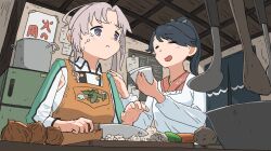  2girls :< akitsushima_(kancolle) apron closed_eyes closed_mouth cooking cooking_pot crying cutting_board cutting_onions food green_apron green_ribbon grey_hair hair_ribbon highres holding holding_knife houshou_(kancolle) indoors japanese_clothes kantai_collection kappougi kitchen_knife knife long_hair long_sleeves multiple_girls onion open_mouth ponytail ribbon tears vegetable wachi_(hati1186) 