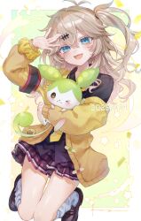  &gt;_o 1girl :d absurdres arm_up black_shirt blue_eyes brown_eyes brown_hair brown_shoes cardigan collared_shirt commentary_request confetti dated dress_shirt fang fuyu_(xxfylia) grey_socks hair_between_eyes hair_ornament head_tilt highres kasukabe_tsumugi knees_together_feet_apart loafers long_hair long_sleeves one_eye_closed one_side_up open_cardigan open_clothes pleated_skirt puffy_long_sleeves puffy_sleeves purple_skirt school_uniform scrunchie shirt shoes skirt smile socks voicevox wrist_scrunchie yellow_cardigan yellow_scrunchie zundamon 