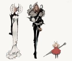  bell blonde_hair dress first_sinner_(hollow_knight) gijinka grey_hair hollow_knight hollow_knight:_silksong hornet_(hollow_knight) marchel45952219 needle_(hollow_knight) silk white_background white_hair white_mask widow_(hollow_knight) 