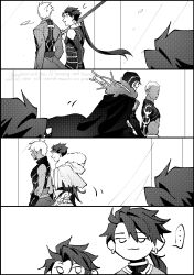  6+boys absurdres archer_(fate) archer_alter_(fate) buzz_cut cape code3755 commentary_request cu_chulainn_(caster)_(fate) cu_chulainn_(fate) cu_chulainn_(fate/prototype) cu_chulainn_(fate/stay_night) cu_chulainn_(lancer)_(fate) cu_chulainn_alter_(fate) dark-skinned_male dark_skin earrings emiya_alter faceless faceless_male facial_mark fate/grand_order fate_(series) fur-trimmed_cape fur_trim highres holding holding_polearm holding_weapon jewelry long_hair male_focus multiple_boys multiple_persona polearm ponytail setanta_(fate) short_hair very_long_hair very_short_hair watermark weapon 