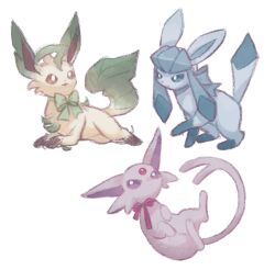  blue_eyes bow bowtie bright_pupils brown_eyes espeon glaceon green_bow green_bowtie highres leafeon lying mozu_(teluto) no_humans open_mouth pokemon pokemon_(creature) pokemon_focus simple_background smile violet_eyes white_background white_pupils 