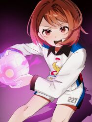  1girl :d absurdres blue_gloves brown_eyes brown_hair collared_shirt commentary_request dynamax_ball eyelashes gloria_(pokemon) gloves gym_challenge_uniform highres holding knees long_sleeves open_mouth partially_fingerless_gloves pokemon pokemon_swsh print_shirt shirt short_hair shorts single_glove smile sohapoma solo teeth tongue white_shirt white_shorts 