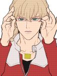  adjusting_glasses bad_id barnaby_brooks_jr blonde_hair glasses green_eyes jacket jewelry kanako_(teen) male necklace odengaumai red_jacket solo tiger_&amp;_bunny 