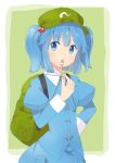  backpack bag blue_eyes blue_hair hair_bobbles hair_ornament hat juliet_sleeves kawashiro_nitori key kureto long_sleeves open_mouth puffy_shoulder_long_sleeves puffy_shoulders_long_sleeves puffy_sleeves randoseru short_hair solo touhou twintails 