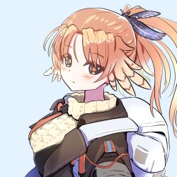  1girl arknights backpack bag brown_eyes feather_hair feather_hair_ornament feathers grey_background hair_ornament kiyu_es335 looking_at_viewer orange_hair orange_pupils pinecone_(arknights) ponytail simple_background solo sweater 