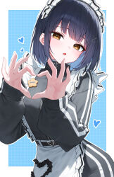  1girl apron belt black_belt black_hair blue_hair gangzi_(vtuber) heart heart_hands huhi_(huhi_1211) jersey_maid long_sleeves maid maid_apron maid_headdress parted_lips short_hair solo stellive unconventional_maid virtual_youtuber white_apron yellow_eyes 
