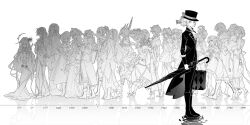  37_(reverse:1999) 6+girls arcana_(reverse:1999) ascot boater_hat boots character_request druvis_iii from_side full_body greyscale hair_bun hashtag-only_commentary highres holding holding_suitcase holding_umbrella isolde_(reverse:1999) jacket kiperina looking_at_viewer monochrome ms._grace_(reverse:1999) multiple_girls open_clothes open_jacket recoleta_(reverse:1999) regulus_(reverse:1999) reverse:1999 ribbon semmelweis_(reverse:1999) sentinel_(reverse:1999) short_hair simple_background solo_focus sonetto_(reverse:1999) sophia_(reverse:1999) sotheby suit suit_jacket suitcase tuesday_(reverse:1999) umbrella vertin_(reverse:1999) vest walluka white_background windsong_(reverse:1999) 