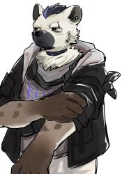  1boy arknights armband black_hair black_jacket closed_mouth ear_piercing eyebrow_piercing face_piercing furry furry_male grey_fur grey_shirt highres hood hood_down hooded_jacket hyena_boy hyena_ears jacket looking_to_the_side male_focus mimizuku_kemo multicolored_hair piercing shirt spot_(arknights) spotted_fur streaked_hair white_background 