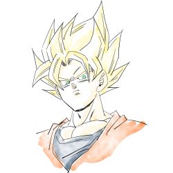  1boy 1rasutotoukou absurdres blonde_hair blue_shirt dragon_ball dragon_ball_z green_eyes highres looking_at_viewer male_focus medium_hair muscular muscular_male orange_shirt shirt simple_background solo son_goku spiky_hair super_saiyan super_saiyan_1 upper_body white_background 