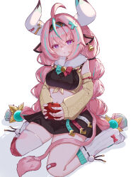  1girl ahoge animal_ears braid breasts cow_ears cow_girl cow_horns cow_tail genshin_impact hairband highres horns large_breasts long_hair looking_at_viewer multicolored_hair navel pink_hair solo streaked_hair tail thigh-highs tsukine122 twin_braids varesa_(genshin_impact) violet_eyes 