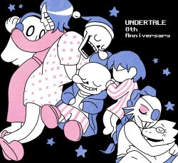  0_0 2023 2d 2girls 2others 3boys alphys ambiguous_gender android animal anniversary anthro black_background black_eyepatch blue_coat blue_dress blue_gloves blue_hat blue_shorts boots braid braided_ponytail brothers buck_teeth child closed_eyes copyright_name cousins digital_media dinosaur dinosaur_girl dress ear_fins english_text eyepatch female fins fish fish_girl frisk_(undertale) ghost gloves hair_over_one_eye hands_on_own_stomach hat head_fins headphones heart high_heel_boots high_ponytail highres hood hood_down hooded_coat hug human humanoid humanoid_robot lizard lizard_girl lizard_tail long_hair lying male mettaton mettaton_ex monster monster_boy monster_girl multiple_boys multiple_girls multiple_others napstablook nightcap nose_bubble on_back on_side open_clothes open_coat pajamas papyrus_(undertale) pink_stripes polka_dot polka_dot_pajamas ponytail reptile reptile_girl robot robot_boy sans_(undertale) scalie sharp_teeth shirt short_hair shorts siblings simple_background skeleton sleeping sleeping_together spot_color star_(symbol) striped_clothes striped_pajamas striped_shorts teeth text two-tone_pajamas two-tone_shorts undead undertale undyne utdr_(toby_fox) vertical-striped_clothes vertical-striped_shorts white_fur white_gloves white_pajamas white_shirt white_shorts yoha_11 