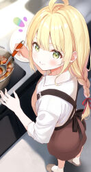 1girl ahoge apron blonde_hair blush braid center-flap_bangs closed_mouth commentary_request cooking cooking_pot dark_skin dot_nose double-parted_bangs foreshortening from_above green_eyes highres holding holding_spoon indoors komone_ushio long_hair looking_at_viewer looking_up notice_lines original shirt slippers socks solo spoon standing stew three-quarter_sleeves white_shirt white_socks 