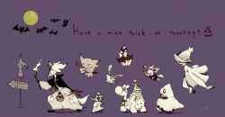  2others animal_ears basket bat_(animal) black_capelet bonsly bow capelet cubone delphox fire fox_ears full_body full_moon greyscale_with_colored_background haunter holding holding_basket holding_stick hoppip isutai looking_to_the_side mismagius moon multiple_others munchlax noibat numel pokemon pokemon_(creature) pumpkaboo pumpkin purple_background simple_background standing stick 
