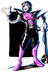  1boy 2018 2d android black_hair boots commentary english_commentary full_body gloves hair_over_one_eye high_heel_boots holding holding_microphone_stand humanoid humanoid_robot ifadko male male_focus male_only marker_(medium) mettaton mettaton_ex microphone microphone_stand pauldrons pen_(medium) robot robot_boy short_hair solo standing traditional_media undertale utdr_(toby_fox) white_gloves 