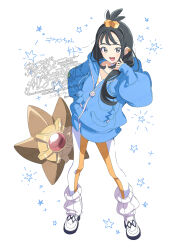  1girl black_hair blue_hoodie blush breasts choker collarbone cube_hair_ornament earclip grey_eyes hair_ornament highres hood hood_down hoodie jacket leggings lida_(pokemon) long_hair long_sleeves looking_at_viewer open_mouth orange_leggings pokemon pokemon_(creature) pokemon_legends:_z-a ribbed_socks serizawa_serizane shirt shoes smile socks star_(symbol) staryu topknot two-tone_legwear white_choker white_leggings white_shirt white_socks wispy_bangs 