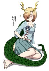  1girl antlers barefoot blonde_hair blue_shirt blush closed_mouth dragon_girl dragon_horns dragon_tail full_body fur-tipped_tail ginbuchi green_scales green_tail hair_between_eyes hair_over_one_eye highres horns kicchou_yachie looking_at_viewer monster_girl no_shoes one_eye_covered red_eyes scales shirt short_hair simple_background skirt soles solo square_neckline tail toes touhou turtle_shell white_background yellow_horns 