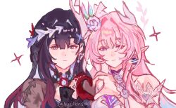  2girls absurdres artist_name bare_shoulders black_hair blue_ribbon blush closed_mouth colored_inner_hair commentary cyrene_(honkai:_star_rail) cyrene_(ripples_of_past_reverie)_(honkai:_star_rail) diamond-shaped_pupils diamond_(shape) dress earrings flower gloves gradient_hair green_ribbon hair_between_eyes hair_branch hair_flower hair_ornament hair_ribbon hand_up headpiece heart heart_hands highres honkai:_star_rail honkai_(series) hysilens_(honkai:_star_rail) hysilensdoods jewelry leaf long_hair long_sleeves looking_at_viewer multicolored_hair multicolored_ribbon multiple_girls neck_ribbon necklace off-shoulder_dress off_shoulder official_alternate_costume official_alternate_hairstyle pearl_earrings pearl_necklace pink_hair pink_ribbon pointy_ears puffy_long_sleeves puffy_sleeves purple_flower purple_hair purple_rose red_gloves ribbon rose short_sleeves sidelocks simple_background single_earring smile sparkle streaked_hair symbol-only_commentary symbol-shaped_pupils upper_body violet_eyes white_background white_dress white_hair 