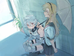  2girls black_headband black_skirt blonde_hair bracelet chinese_commentary commentary elbow_gloves eye_mask eyebrow_cut gloves hair_between_eyes headband heart-shift_bracelets holding holding_umbrella hood hood_down hooded_leotard jewelry jiguang_haibao koishikawa_iko leotard looking_at_viewer mask messy_hair multiple_girls neckerchief pleated_skirt red_eyes red_neckerchief sailor_collar scar scar_across_eyebrow scar_on_face school_uniform shirt short_hair shy_(character) shy_(series) skirt umbrella white_gloves white_hair white_leotard white_shirt yellow_eyes 