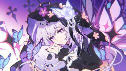 1girl alternate_costume black_dress black_nails blue_butterfly bug butterfly castorice_(honkai:_star_rail) chinese_commentary closed_mouth commentary_request dress flower grey_hair hair_flower hair_ornament highres holding holding_skull honkai:_star_rail honkai_(series) long_hair long_sleeves looking_at_viewer nail_polish pink_eyes puffy_sleeves purple_hair skull solo upper_body veil violet_eyes xiaohutu 