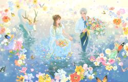  1boy 1girl absurdres bouquet bow bug butterfly commentary deer dress fairy flower glasses head_wreath highres holding holding_bouquet lingcod_dayu looking_at_another ripples rosa_(tears_of_themis) shirt symbol-only_commentary tears_of_themis vyn_richter_(tears_of_themis) wading white_dress white_hair white_shirt 