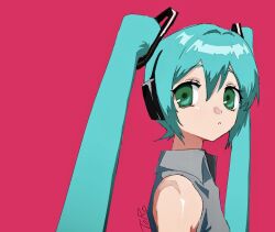  1girl aqua_hair artist_name bare_shoulders collared_shirt expressionless from_side green_eyes grey_shirt hatsune_miku headphones jpeg_artifacts looking_at_viewer m09_toro red_background ring_hair_ornament shirt simple_background sleeveless sleeveless_shirt solo turning_head twintails vocaloid 