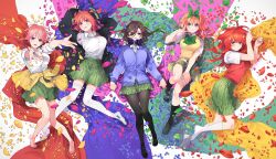  5girls absurdres barefoot black_jacket black_pantyhose black_socks breasts brown_hair butterfly_hair_ornament cardigan cardigan_around_waist closed_mouth clothes_around_waist collared_shirt commentary_request go-toubun_no_hanayome green_petals green_ribbon green_skirt hair_ornament hair_ribbon haruba_negi headphones headphones_around_neck highres jacket large_breasts looking_at_viewer multiple_girls nakano_ichika nakano_itsuki nakano_miku nakano_nino nakano_yotsuba no_shoes open_mouth orange_hair outstretched_arms pantyhose parted_lips pink_hair pink_petals pleated_skirt purple_cardigan purple_petals quintuplets red_hair red_petals red_sweater_vest ribbon shirt short_hair siblings sisters skirt smile socks star_(symbol) star_hair_ornament sweater_vest thigh-highs violet_eyes white_shirt white_socks white_thighhighs yellow_cardigan yellow_petals yellow_sweater_vest 