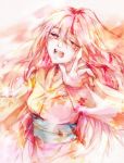  japanese_clothes kopori long_hair megurine_luka obi open_mouth outstretched_hand pink_hair solo tears vocaloid 