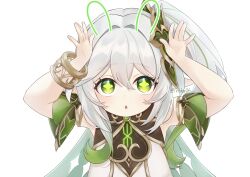  1girl absurdres arms_up bare_shoulders bracelet commentary_request genshin_impact gold_trim green_eyes green_hair hair_between_eyes highres iroha_(mimi0618xx) jewelry long_hair looking_at_viewer multicolored_hair nahida_(genshin_impact) parted_lips pointy_ears rabbit_pose side_ponytail simple_background sleeveless solo star-shaped_pupils star_(symbol) symbol-shaped_pupils twitter_username upper_body white_background white_hair 