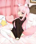  :3 animal_ears bed bed_sheet blush curtains fox_ears fox_tail grey_eyes heart heart_pillow jougen long_hair open_mouth original panties picture_(object) pillow pink_hair ribbed_sweater silver_eyes sitting solo star striped striped_panties sweater sweater_tug tail tears thigh-highs thighhighs underwear wariza white_legwear 