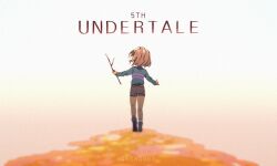  1other 2021 2d ambiguous_gender anniversary back blue_shirt brown_hair brown_shorts child copyright_name digital_media double_horizontal_stripe english_text forut_dondon frisk_(undertale) from_behind full_body gradient_background highres holding holding_stick horizontal-striped_clothes human orange_background other_focus outstretched_arms pink_stripes shirt short_hair shorts simple_background socks solo standing stick striped_clothes striped_shirt text two-tone_background two-tone_shirt undertale utdr_(toby_fox) white_background white_socks 