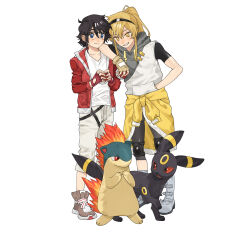  2girls absurdres animal_ears animal_hands arm_on_another&#039;s_shoulder black_hair blue_eyes chinese_commentary clothes_around_waist colored_sclera commentary crossover fingerless_gloves fire gloves hand_in_pocket highres holding holding_poke_ball hood hooded_vest hoodie jacket jacket_around_waist jiguang_haibao knee_pads koishikawa_iko leaning_on_person long_hair momijiyama_teru multiple_girls open_clothes open_jacket poke_ball poke_ball_(basic) pokemon pokemon_(creature) ponytail quilava red_gloves red_jacket red_sclera scar scar_across_eyebrow scar_on_face semi-rimless_eyewear shirt shy_(series) tail umbreon vest white_shirt yellow_eyes 