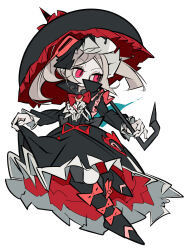  1girl absurdres black_dress bloody_marie_(skullgirls) bow commentary cxdotchison dress gloves grey_hair highres holding holding_umbrella red_bow red_eyes ribbon skull_ornament skullgirls symbol-only_commentary umbrella white_gloves 