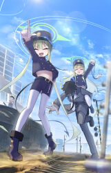  1boy 3girls :d ^_^ absurdres animal_ears aoba_(blue_archive) armband belt black_belt black_boots black_hair black_hat black_jacket black_shorts blonde_hair blue_archive blue_armband blue_sky blurry blush boots bow bowtie building buttons carrying clenched_hand closed_eyes clouds commentary day demon_girl demon_tail depth_of_field double-breasted facing_viewer fang full_body glint gloves green_hair green_halo halo hand_on_own_hip hat highres hikari_(blue_archive) holding holding_id_card id_card index_finger_raised jacket koutannkoburia lens_flare long_hair long_sleeves midriff multiple_girls nozomi_(blue_archive) open_mouth outdoors outstretched_arm pantyhose peaked_cap perspective piggyback pointing pointing_forward pointy_ears puff_of_air railroad_tracks red_eyes sand sensei_(blue_archive) short_hair shorts siblings sidelocks sisters skin_fang sky smile smug standing standing_on_one_leg sunlight tail train twins twintails v-shaped_eyebrows very_long_hair white_gloves white_pantyhose yellow_bow yellow_bowtie 