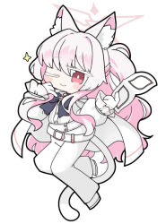  1girl ;) akira_(blue_archive) animal_ear_fluff animal_ears belt belt_buckle blue_archive buckle chibi closed_mouth eye_mask full_body gloves halo holding holding_mask jacket long_hair long_sleeves mask miranofuudoria one_eye_closed pants pink_hair ponytail puffy_long_sleeves puffy_sleeves red_eyes shirt simple_background sleeves_past_wrists smile solo sparkle tail unworn_mask very_long_hair white_background white_belt white_gloves white_jacket white_pants white_shirt 