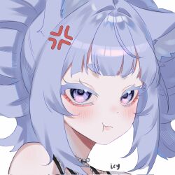 1girl aegyo_sal anger_vein animal_ears blue_eyes blue_hair choppy_bangs closed_mouth commentary commission english_commentary highres icy_artzy looking_at_viewer medium_hair original portrait pout simple_background solo white_background 