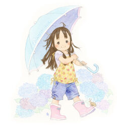  1girl archived_source blue_flower blue_shorts blue_umbrella blush boots brown_eyes brown_hair buttons chitose closed_mouth collarbone dated_commentary denim denim_shorts english_commentary english_text floral_print_shirt flower full_body gold_buttons holding holding_umbrella leaf long_hair looking_at_viewer nostrils original painting_(medium) pale_color parted_lips pink_boots pink_flower pocket puffy_short_sleeves puffy_sleeves purple_flower rubber_boots shirt short_sleeves shorts signature simple_background small_face smile snail straight_hair tanaka_kunihiko traditional_media umbrella walking watercolor_(medium) white_background white_shirt yellow_shirt 