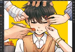  1boy 5others areuwuu art_program_in_frame bandaged_arm bandages bangle black_hair blush bowl bracelet character_request check_character cheek_pinching closed_eyes collared_shirt facing_viewer feeding hair_ornament hairclip han_sooyoung highres holding holding_spoon jewelry kim_dokja multiple_others multiple_scars oldest_dream omniscient_reader&#039;s_viewpoint out_of_frame pinching scar scar_on_arm scar_on_hand scratching_head screenshot shirt short_hair spoon teardrop upper_body vest white_shirt yellow_vest yoo_joonghyuk yoo_sangah 