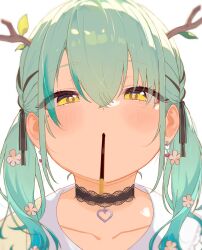  1girl antlers black_choker black_ribbon blush braid brown_cardigan cardigan ceres_fauna ceres_fauna_(jirai_kei) choker collarbone colored_tips dirty_manaty double-parted_bangs flower food food_in_mouth gradient_hair green_hair hair_flower hair_ornament hair_ribbon hashtag-only_commentary heart heart_choker heart_pendant highres hololive hololive_english horns incoming_pocky_kiss lace-trimmed_choker lace_trim long_hair looking_at_viewer mole mole_under_eye multicolored_hair official_alternate_costume official_alternate_hairstyle pocky pocky_day pocky_in_mouth portrait ribbon ribbon_braid shirt simple_background solo streaked_hair twintails virtual_youtuber white_background white_shirt yellow_eyes 
