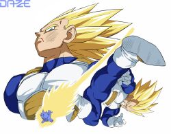  absurdres armor aura blonde_hair blue_bodysuit bodysuit boots dragon_ball dragon_ball_z full_moon gloves green_eyes highres kicking male_focus medium_hair moon multiple_views muscular muscular_male spiky_hair super_saiyan super_saiyan_1 super_saiyan_4 upper_body vegeta white_armor white_boots white_gloves xdaze 