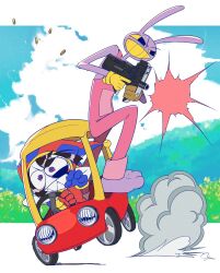  1boy 1girl animal_ears asymmetrical_gloves black_eyes blue_eyes blue_gloves blush_stickers brown_hair clouds colored_sclera colored_skin colored_teeth day driving dust_cloud firing furry gloves gun hat highres hill jax_(the_amazing_digital_circus) jester jester_cap little_tikes mismatched_gloves multicolored_eyes ohyou_wake outdoors overalls pink_overalls pomni_(the_amazing_digital_circus) rabbit_boy rabbit_ears raised_eyebrow red_eyes red_gloves sharp_teeth shell_casing short_sleeves smile striped_clothes striped_headwear submachine_gun teeth the_amazing_digital_circus toy_car two-tone_eyes vertical-striped_clothes vertical-striped_headwear weapon yellow_gloves yellow_sclera yellow_teeth 